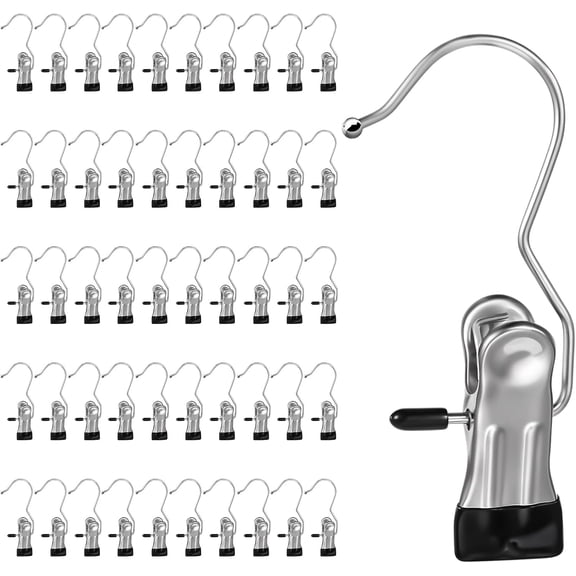 FRKSMD-50 Pack Boot Hanger Clips Hooks, Heavy Duty Laundry Hooks with Clips, Portable Stainless Steel Clothes Pins Boot Clips for Hanging, Socks Towels Hats Pants Holder for Travel, Closet
