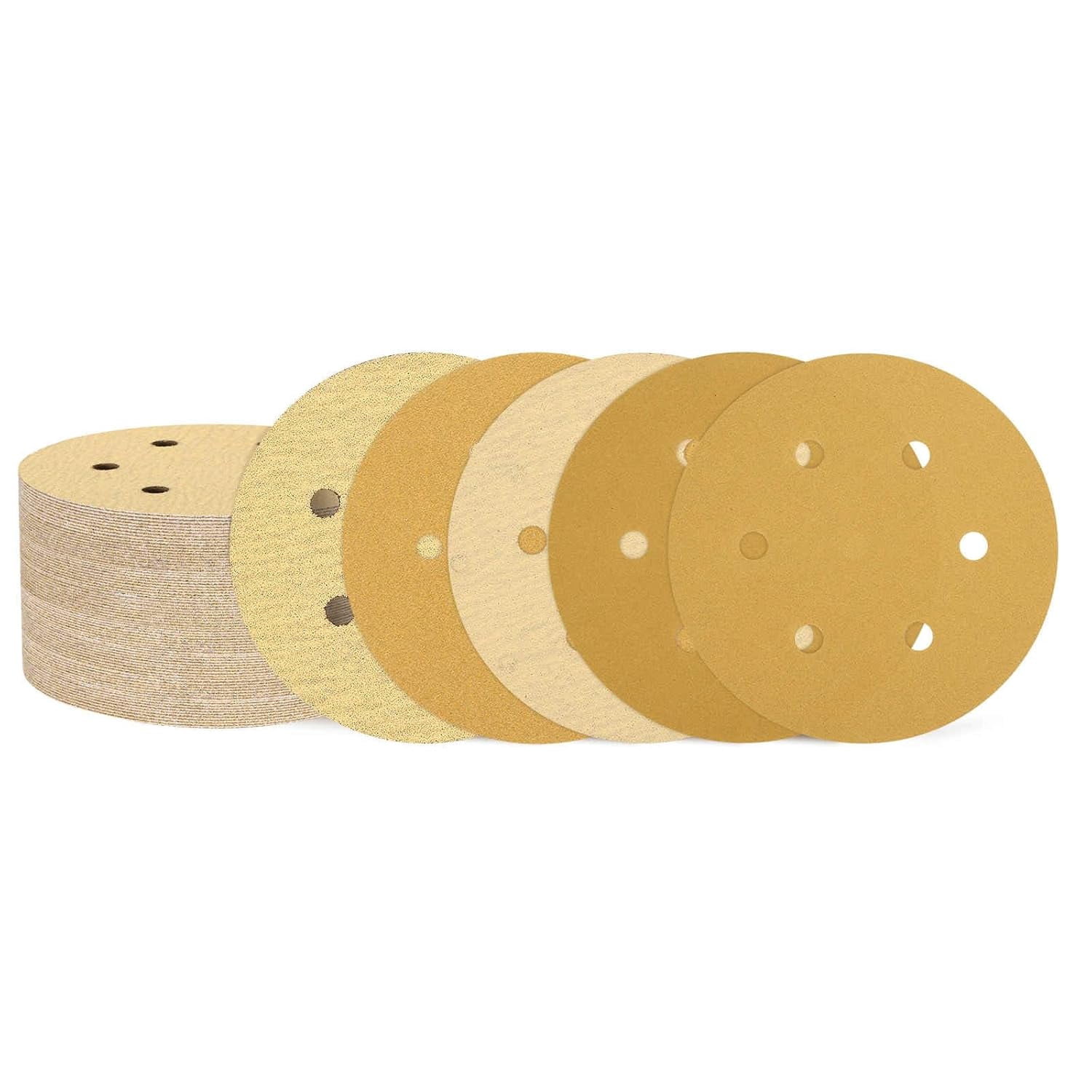 FRKSMD-50 Pcs 6 Inch Sanding Disc 6 Hole 80/100/120/150/220 Grit Hook and Loop Sandpaper Random Orbital Sander Pads for Woodworking Automotive Metal Polishing, Gold
