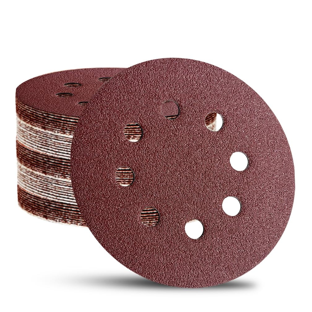FRKSMD-52 Pack 5 Inch 8-Hole Hook and Loop Sanding Discs Sandpaper Red Round 80 Grit Sandpaper for Random Orbital Sander