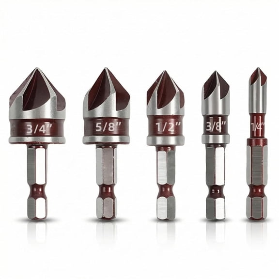 FRKSMD-5PCS Countersink Drill Bit Set, 82 Degree HSS Counter Sink Drill Bit for Wood, Metal, Plastic, 1/4"-3/4" with 1/4" Hex Shank Countersink Bit Set