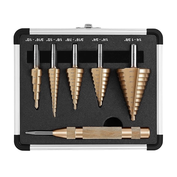 FRKSMD-5PCS Step Drill Bits with Automatic Center Punch,High Speed Steel Unibit Step Drill Bit Set, Total 50 Sizes HSS Titanium Step Bits for Metal