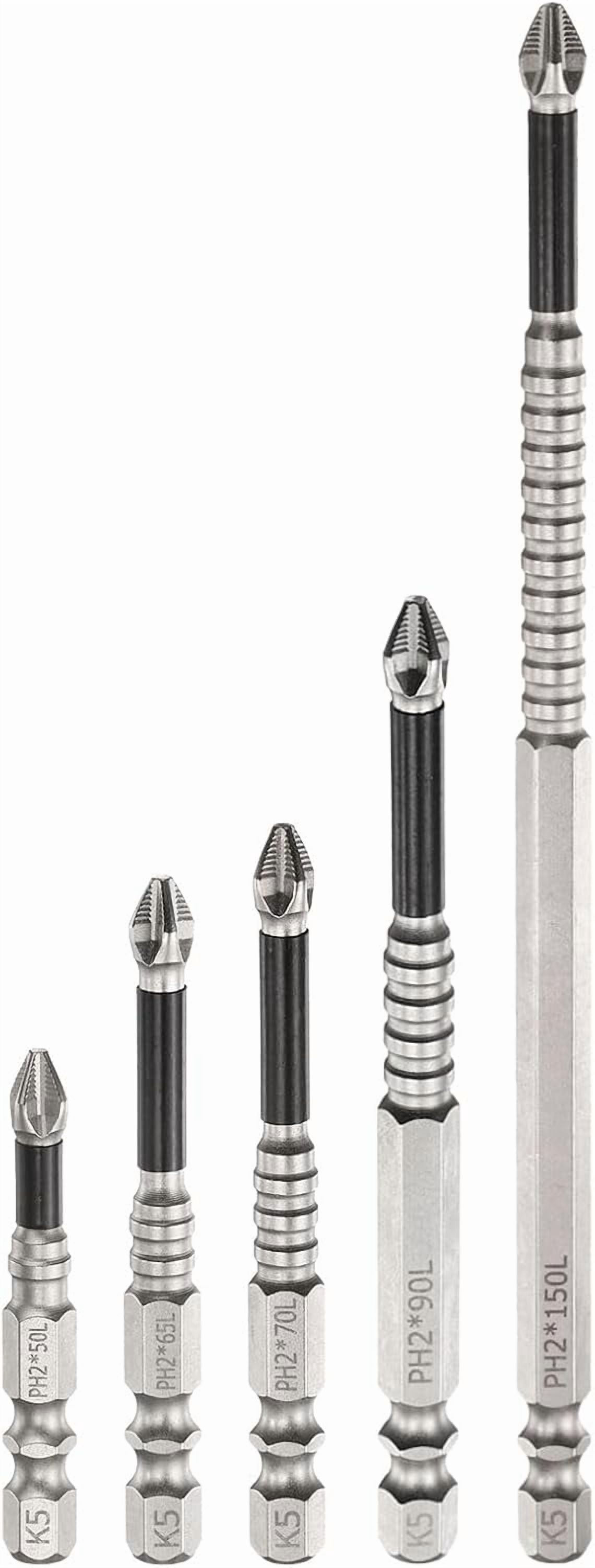 FRKSMD-5pcs Impact Phillips Screwdriver Bit Set PH2 (#2) Anti Slip Tip 1/4" Hex Shank 2"/2.6"/2.8"/3.5"/6" (50mm/65mm/70mm/90mm/150mm) Long Magnetic Cross Screw Driver Drill Bits