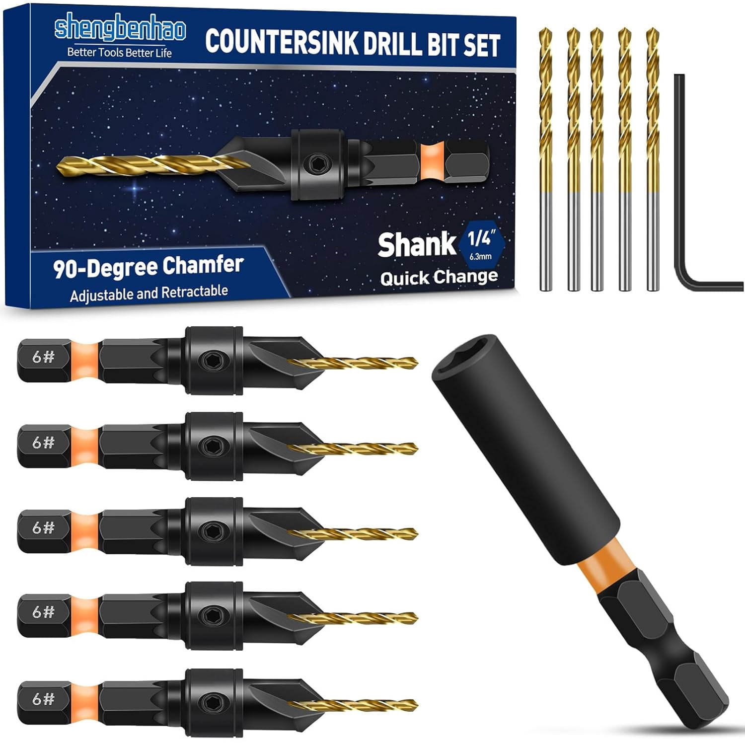 FRKSMD-#6 Countersink Drill Bit Set for Wood 12Pcs Adjustable Counter Sink Drill Bit with Magnetic Extension Bit Holder and 1/4\u201d Hex Shank Quick Change for Woodworking