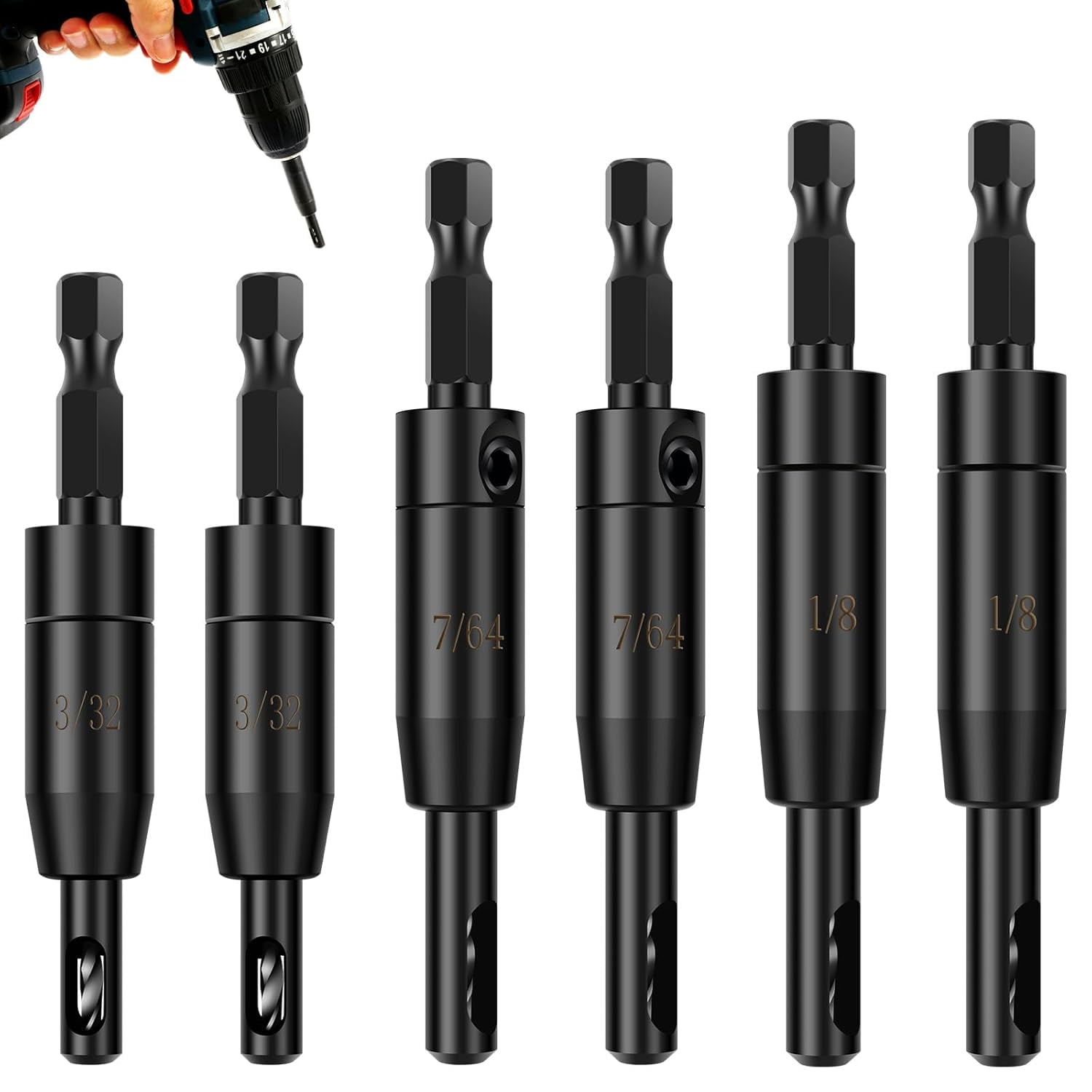 FRKSMD-6 PCS Self Centering Drill Bit Set 3/32", 7/64", 1/8" - Center Drill Bit Set VIX Bit for 1/4" Hex Shank Drill, Multipurpose Hinge Drill Bit Set for Woodworking Window Door Hinge