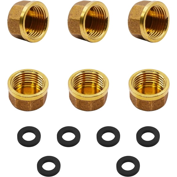 FRKSMD-6 Pack 1/2" Brass Pipe Cap Compression Cap Fittings Plumbing Fittings with Rubber Gasket(Golden)