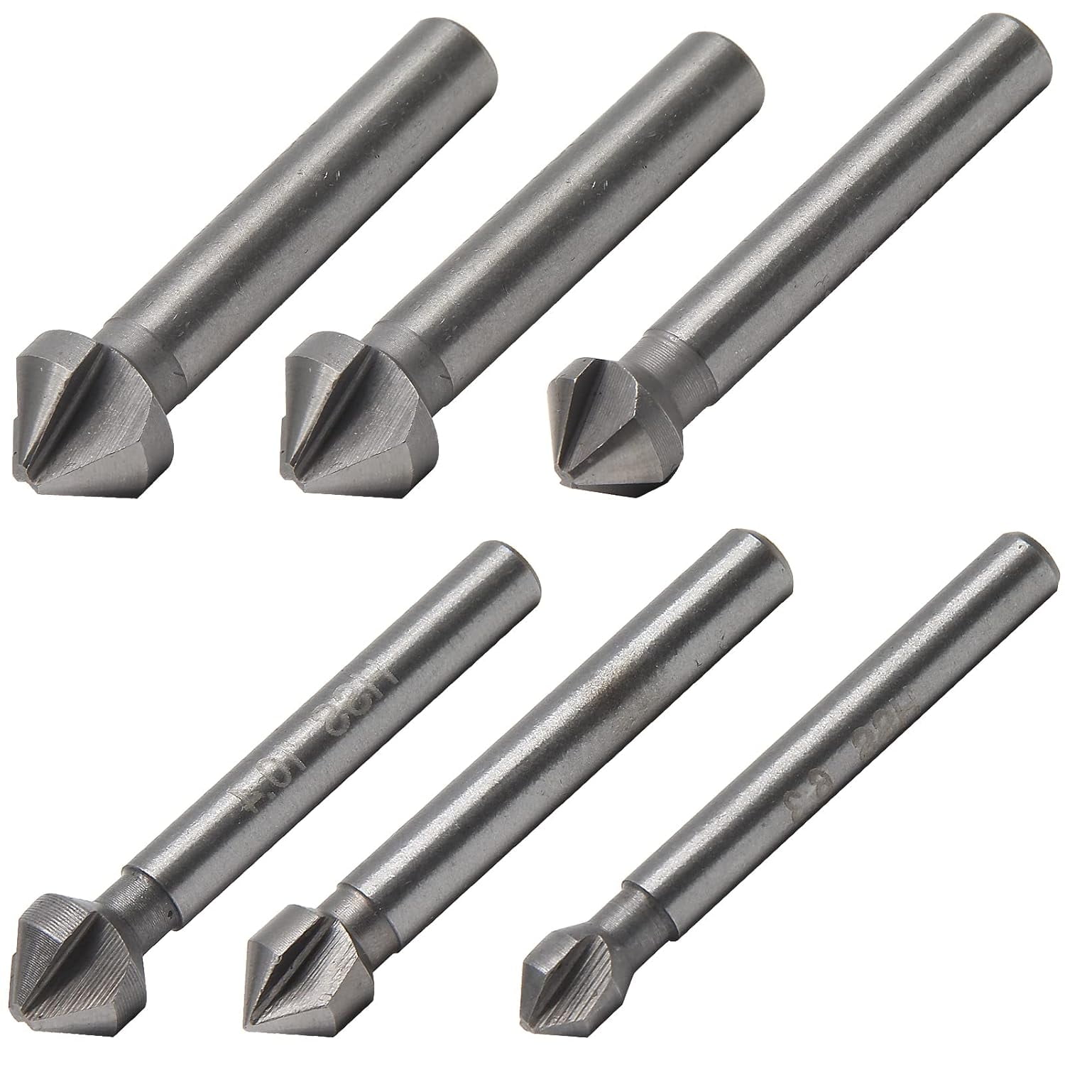 FRKSMD-6 Pack 3 Flute 90 Degree Countersink Drill Bit Set, HSS Chamfering Tool Set Metric End Mill Cutter Bits, Deburring Chamfering Bit for Metal, Wood, Aluminum, Stainless Steel