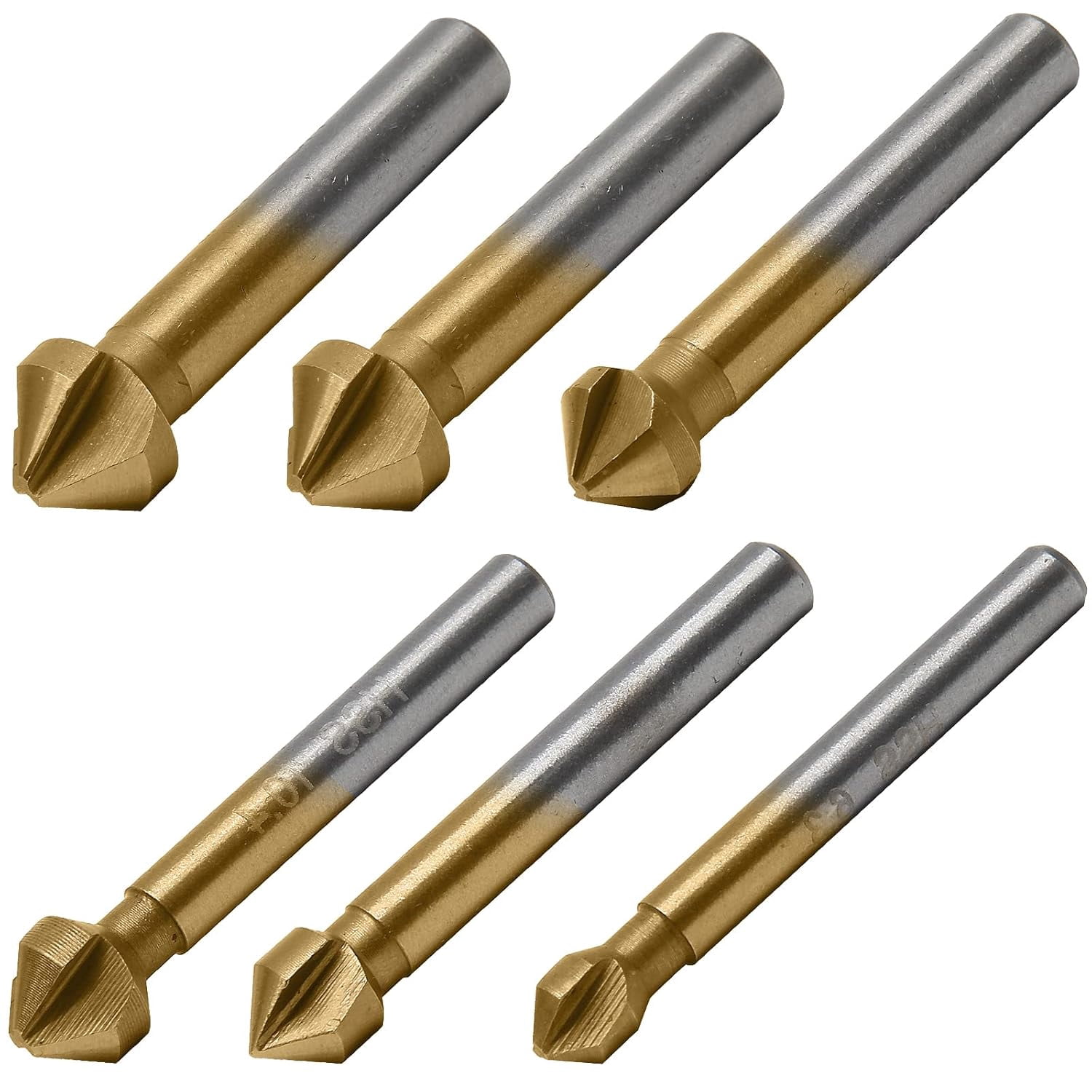 FRKSMD-6 Pack 3 Flute 90 Degree Countersink Drill Bit Set, Titanium HSS Chamfering Tool Set Metric End Mill Cutter Bits, Deburring Chamfering Bit for Metal, Wood, Aluminum, Stainless Steel
