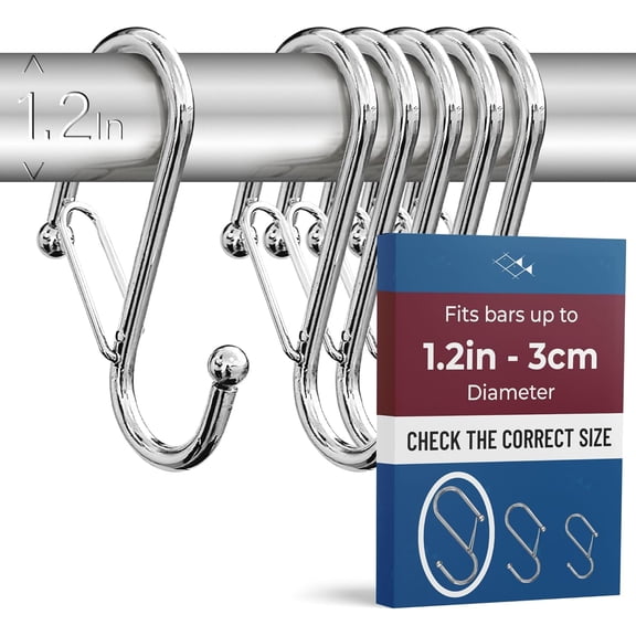 FRKSMD-6-Pack Metal S Hooks for Hanging  Heavy-Duty S-Shaped Hook with Safety Buckle  Fits Bars up to 1.2 in  Anti-Drop S-Hooks for Closet, Wardrobes & Storage  Silver (Large)