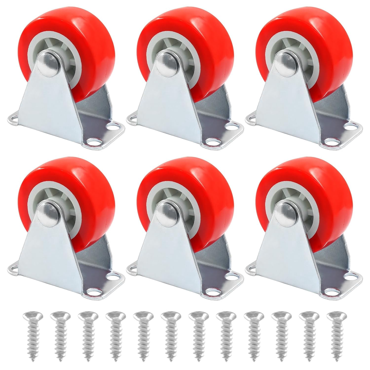 FRKSMD-6 Pack Rigid No-Swivel Plate Caster Wheels, 1.5 inch Hard Rubber Caster Wheels with Screws, Red Plate Casters for Furniture, Workbench