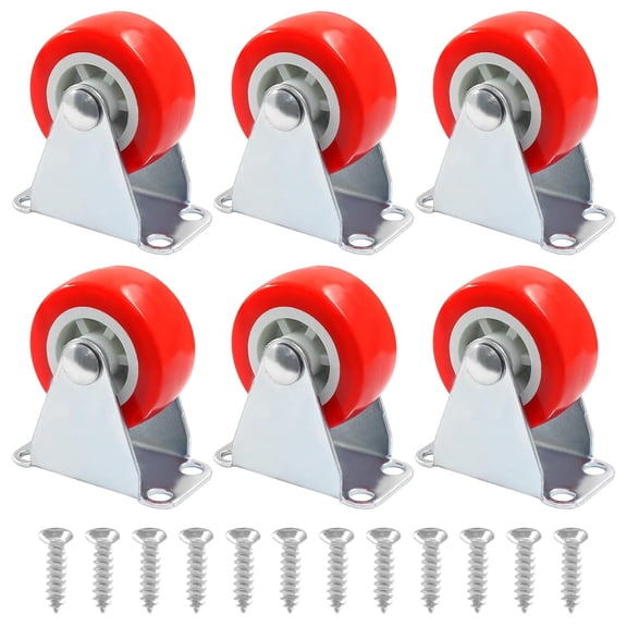 FRKSMD-6 Pack Rigid No-Swivel Plate Caster Wheels, 1.5 inch Hard Rubber Caster Wheels with Screws, Red Plate Casters for Furniture, Workbench