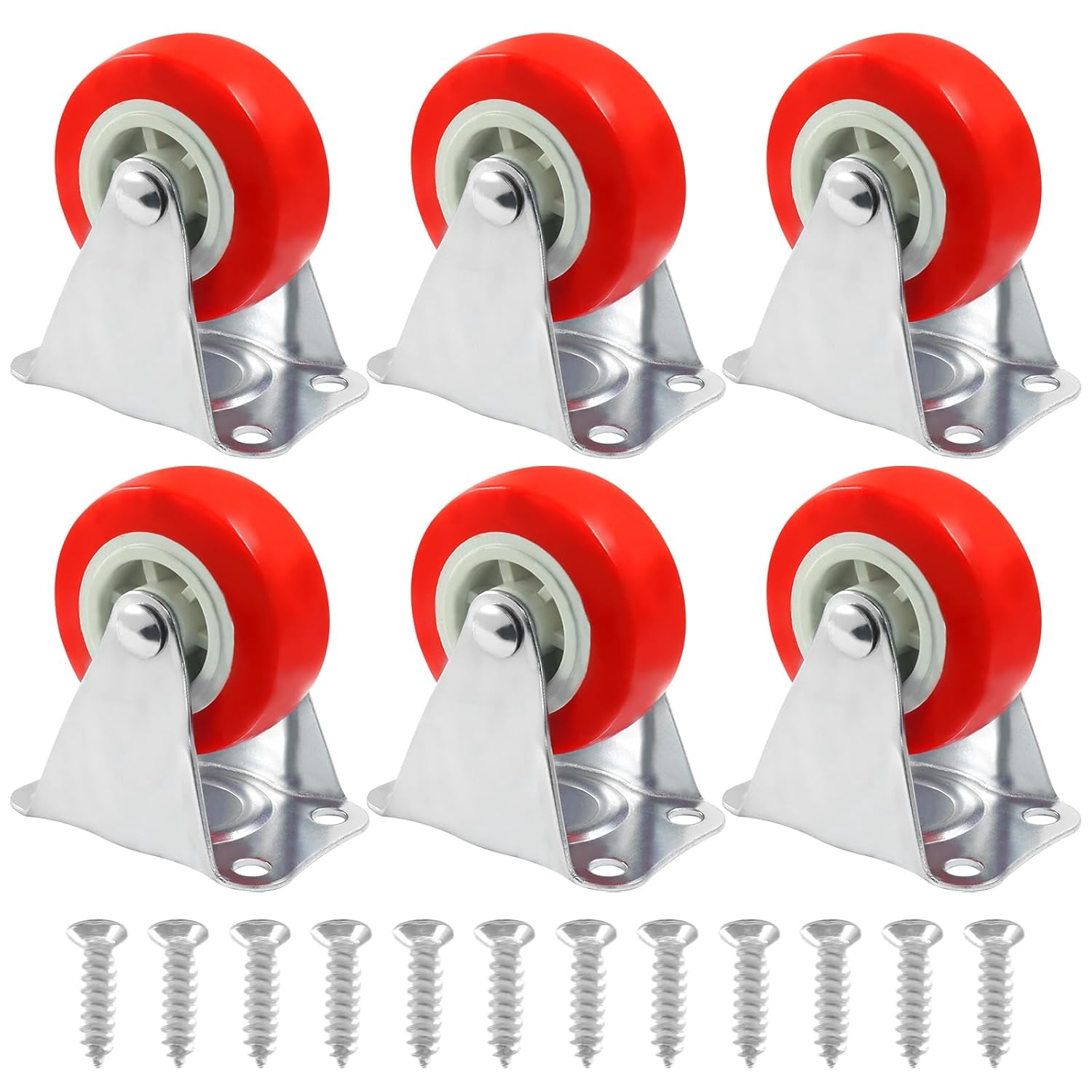 FRKSMD-6 Pack Rigid No-Swivel Plate Caster Wheels, 2 inch Hard Rubber Caster Wheels with Screws, Red Plate Casters for Furniture, Workbench