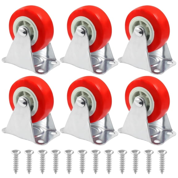 FRKSMD-6 Pack Rigid No-Swivel Plate Caster Wheels, 2 inch Hard Rubber Caster Wheels with Screws, Red Plate Casters for Furniture, Workbench