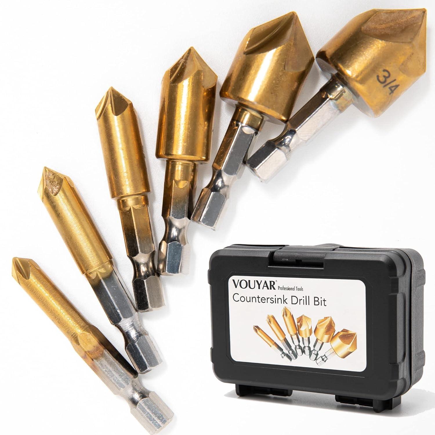 FRKSMD-6 Pcs Countersink Drill Bit Set with Case 1/4'' Hex Shank HCS 5 Flute Countersink 90 Degree Center Punch Tool Sets for Wood, Quick Change Bit 1/4” 5/16" 3/8” 1/2” 5/8” 3/4”