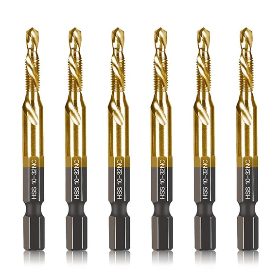 FRKSMD-6-pc 10-32NC Combination Drill Tap Bit Set SAE, 10-32NC Thread Size, Titanium Coated High-Speed Steel, Ideal for Drilling Threading and Countersinking in Soft Metal Wood and Plastic, 1/4