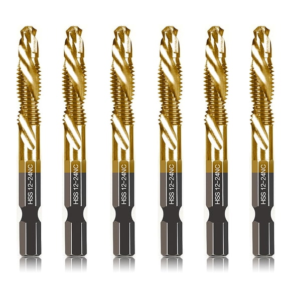 FRKSMD-6-pc 12-24NC Combination Drill Tap Bit Set SAE, 12-24NC Thread Size, Titanium Coated High-Speed Steel, Ideal for Drilling Threading and Countersinking in Soft Metal Wood and Plastic, 1/4