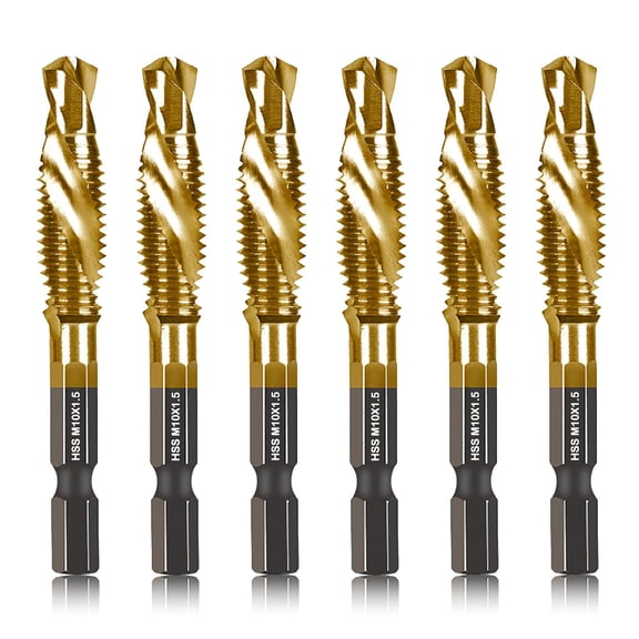 FRKSMD-6-pc Metric M10 Combination Drill Tap Bit Set, M10*1.5 Thread Size, Titanium Coated High-Speed Steel, Ideal for Drilling and Threading in Soft Metal Wood and Plastic,1/4" Hex Shank