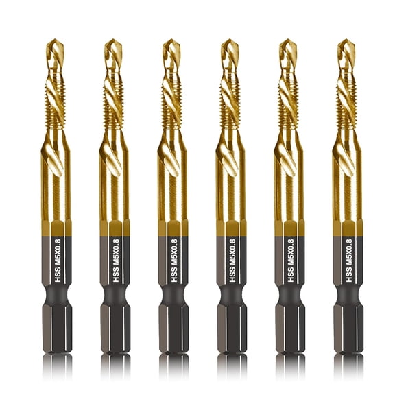 FRKSMD-6-pc Metric M5 Combination Drill Tap Bit Set, M5*0.8 Thread Size, Titanium Coated High-Speed Steel, Ideal for Drilling and Threading in Soft Metal Wood and Plastic,1/4" Hex Shank