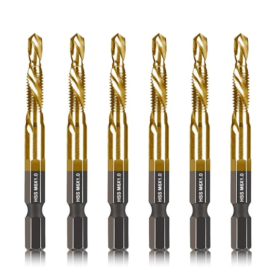 FRKSMD-6-pc Metric M6 Combination Drill Tap Bit Set, M6*1.0 Thread Size, Titanium Coated High-Speed Steel, Ideal for Drilling and Threading in Soft Metal Wood and Plastic,1/4" Hex Shank