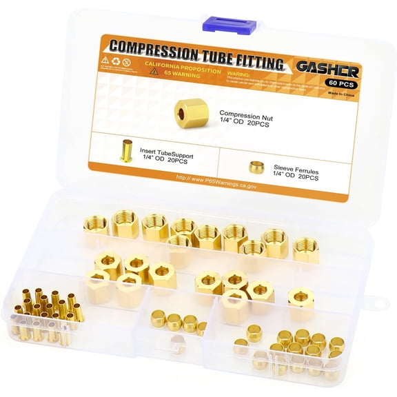 FRKSMD-60PCS Brass Compression Fitting Kit,Sleeve Ferrules&Insert Tube Support&Ferrule head,1/4" Tube OD
