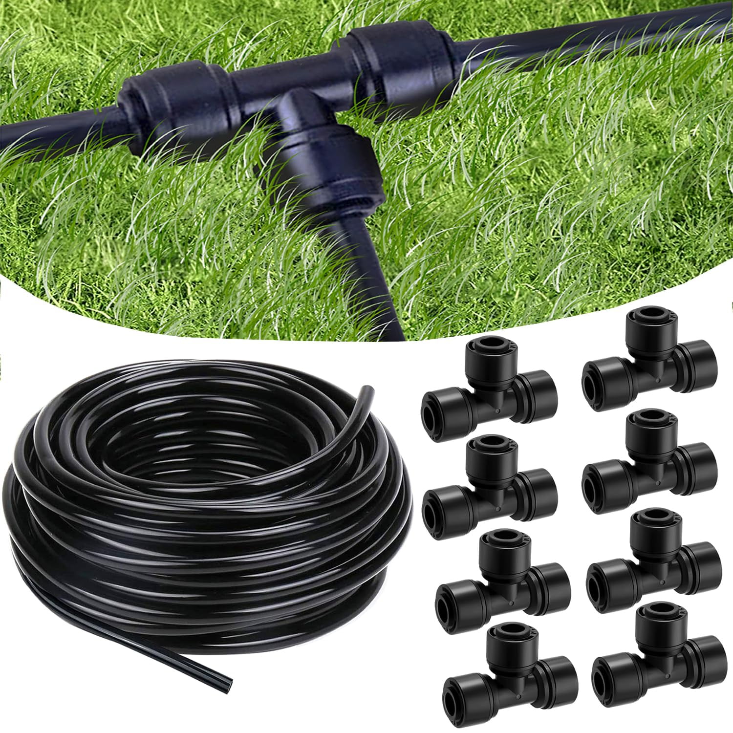 FRKSMD-65 Foot (20 m) Drip Hose, 1/4 Inch Blank Distribution Hose Drip Hose with 8 Packs of 1/4 "Drip Tee Connectors,Suitable for Quick Connector Irrigation Systems,Small Garden Irrigation Systems