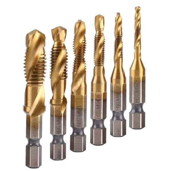 FRKSMD-6Pcs Titanium Combination Drill and Tap Bit Set, Metric Drill Tap Bits Screw Tapping Bit Tool 1/4" Hex Shank 3 Functions in 1