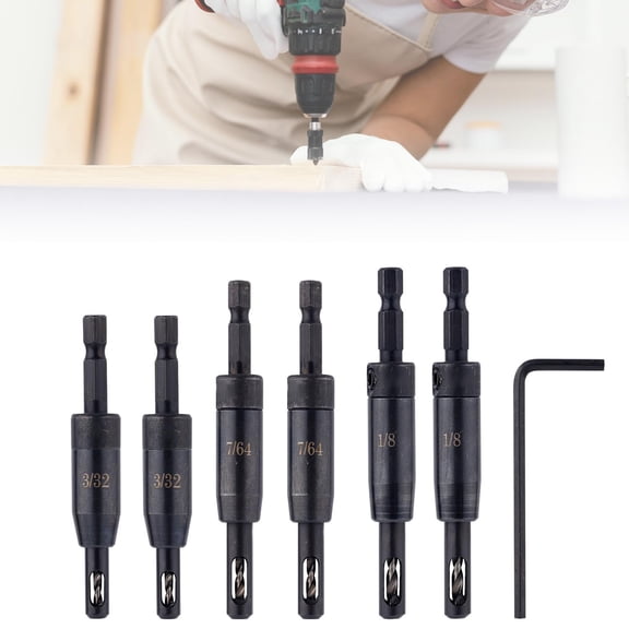 FRKSMD-6pcs Self Centering Drill Bit Set, 3/32 Inch 7/64 Inch 1/8 Inch Sturdy Carbon Steel & Zinc Alloy Self Centering Hinge Drill Bit Set with Hexagonal Wrench