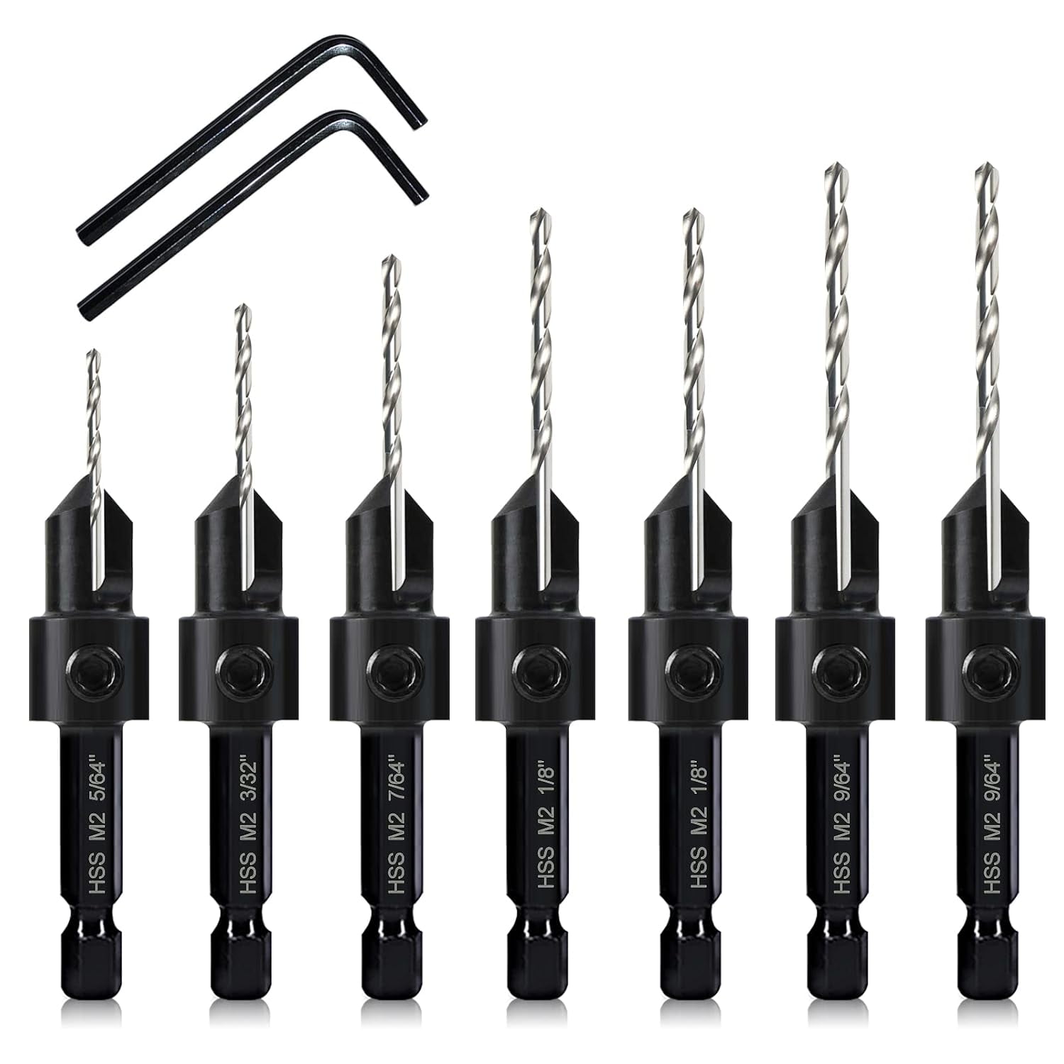 FRKSMD-7 Pcs M2 Countersink Drill Bit Set, 3in1 Wood Pilot Countersink Drill Bits for #4#6#8#10#12 Screws Holes, with Adjustable Depth Stop,Quick Release Hex Shank, 2-Allen Wrench