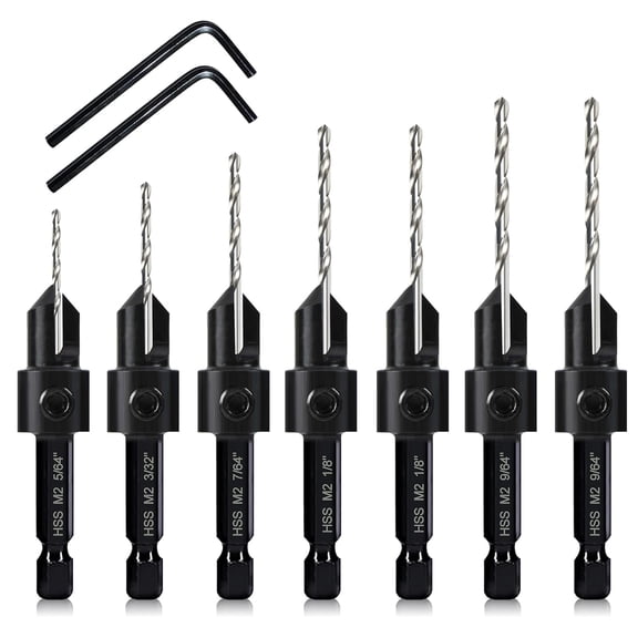 FRKSMD-7 Pcs M2 Countersink Drill Bit Set, 3in1 Wood Pilot Countersink Drill Bits for #4#6#8#10#12 Screws Holes, with Adjustable Depth Stop,Quick Release Hex Shank, 2-Allen Wrench