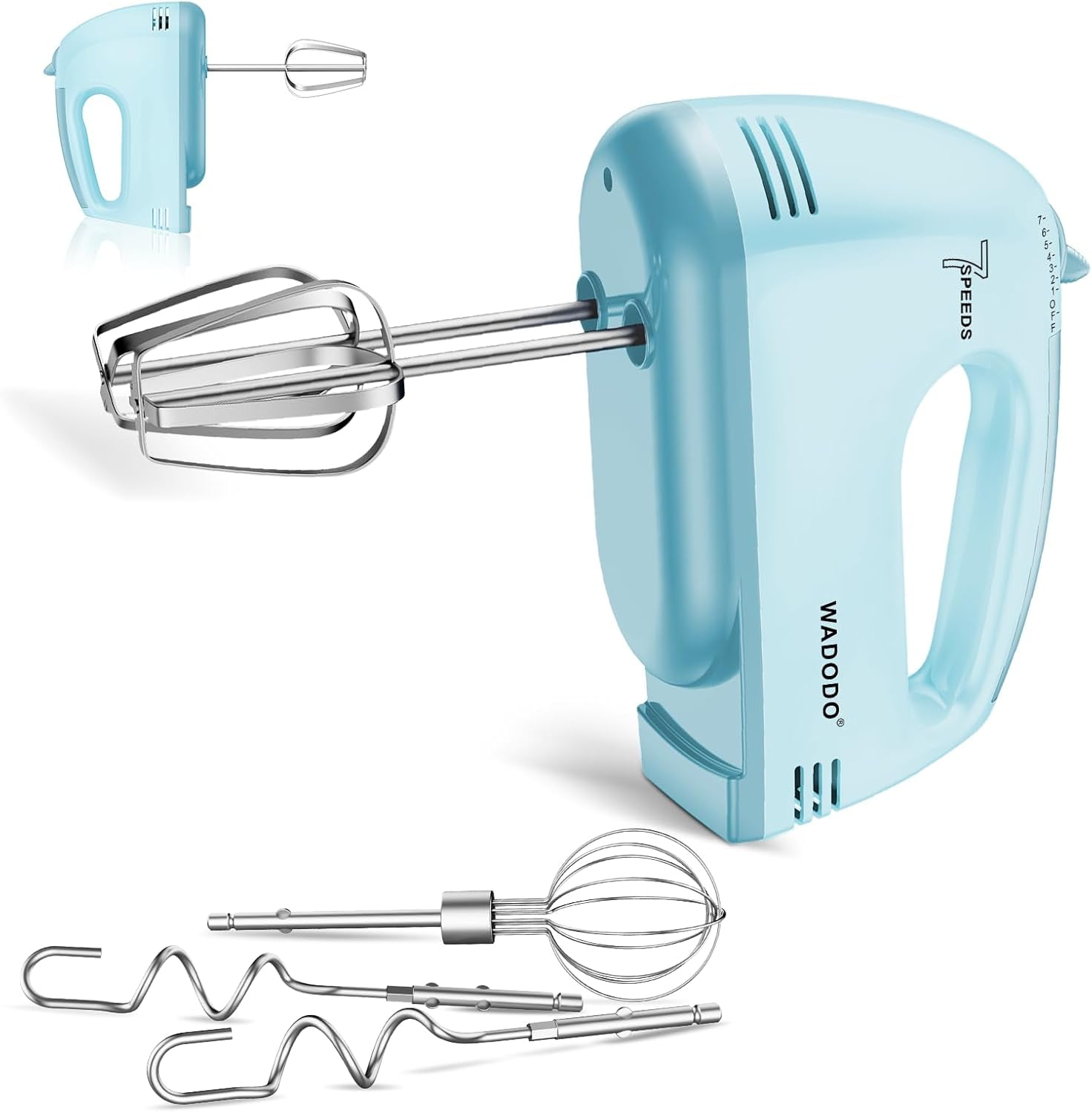 FRKSMD-7-Speed Electric Hand Mixer \u2013 Portable Food Mixer Kitchen Mixer with 304 *(1x Whisk, 2x Beater, 2x Dough hook) for Baking Cakes, Cream, Cookies, Blue