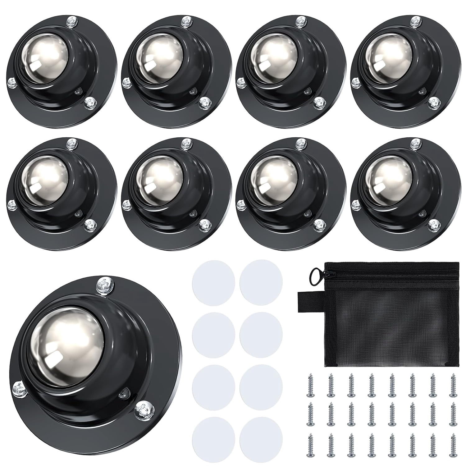 FRKSMD-8 Pack Self Adhesive Caster Wheels for Furniture with Storage Bag, Load Capacity 28LBS Per Wheel, Stainless Steel 0.8" Low Profile Swivel 360° Rotating Adhesive Caster Wheels for Furniture Leg