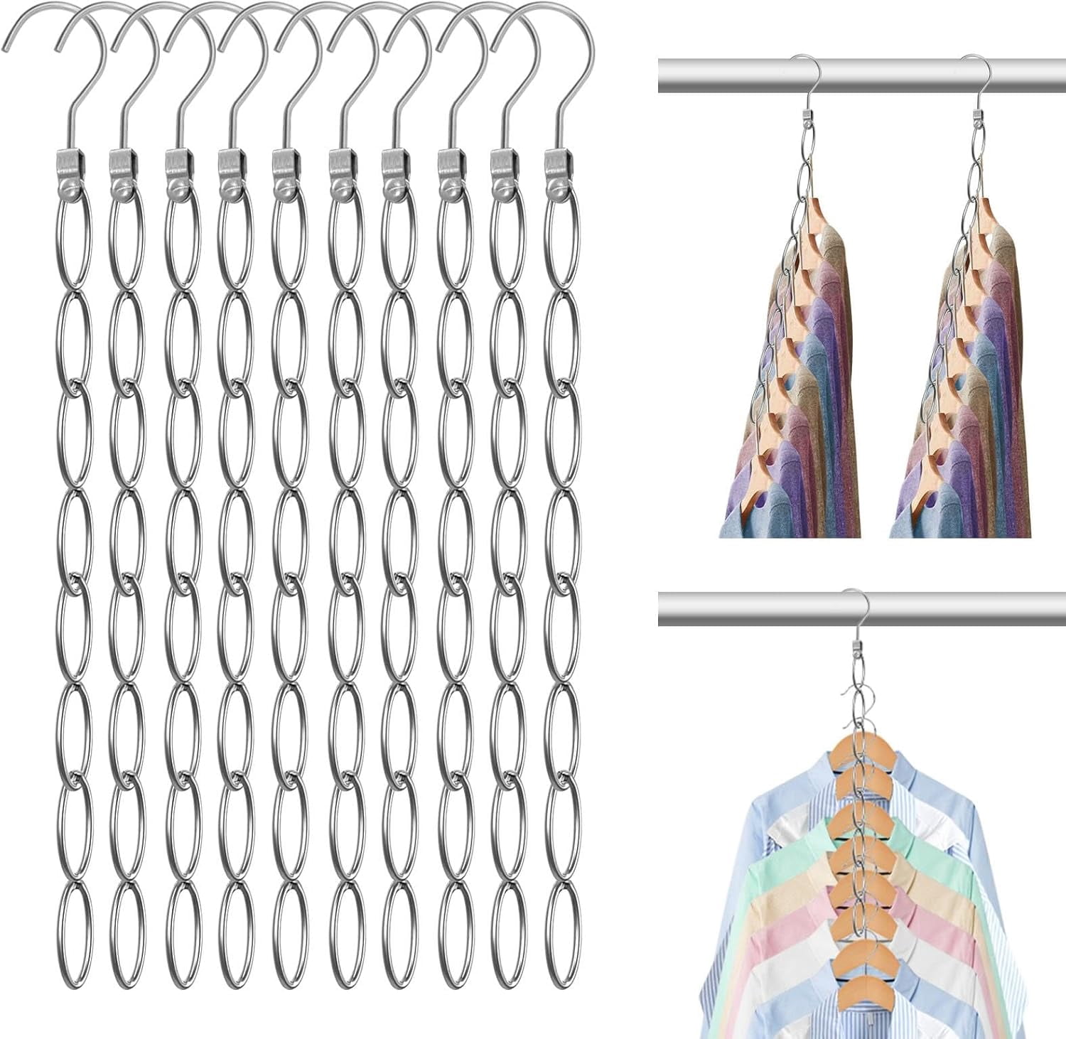 FRKSMD-80 Holes Clothing Chain Hangers, 10-Pack Metal Space Saving Hangers, 360 Degree Rotatable Hook for Easy Display and Access, Closet Organizers for Home, Travel, College Dorm Room
