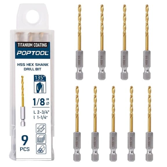 FRKSMD-9pcs 1/8" Hex Shank Drill Bit Set, 135 Split & Stepped Point, TiN Coated HSS, 1/4" Quick-Change Bits
