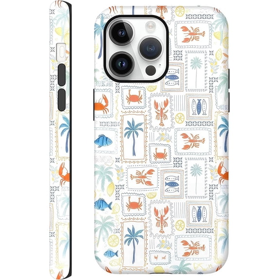 FRKSMD-Aesthetic Cases for iPhone 14 Pro, Coastal Fish Summer Stamp Design, Hard Hybrid 2-Layer Protective Cover for Women Girls