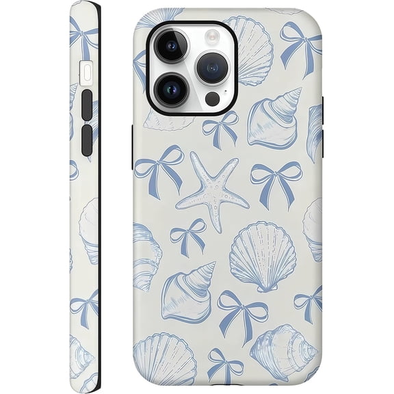 FRKSMD-Aesthetic Cases for iPhone 15 Pro, Blue Bow Seashell Design, Hard Hybrid 2-Layer Protective Cover for Women Girls