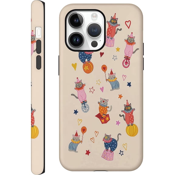 FRKSMD-Aesthetic Cases for iPhone 15 Pro, Glossy Hybrid 2-Layer Hard Cover, Protective Scratch Resistant Shell, Cute Circus Cat