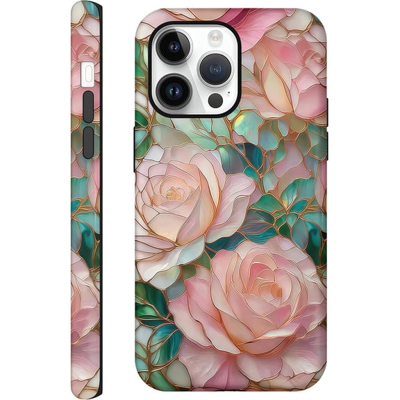FRKSMD-Aesthetic Cases for iPhone 15 Pro Max, Blooming Pink Rose Design, Hard Hybrid 2-Layer Protective Cover for Women Girls