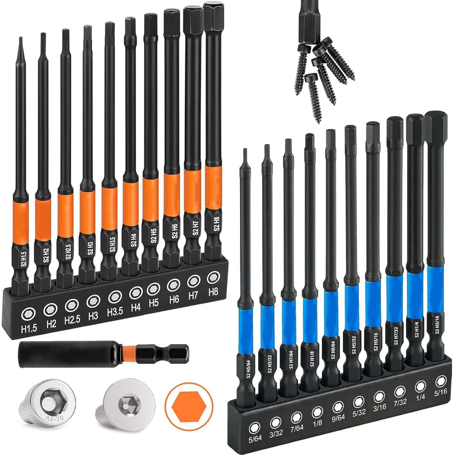 FRKSMD-Allen Wrench Drill Bit Set 21pcs Hex Bit SetImpact Driver Bit Set, 1/4" Hex-Shank S2 Steel Hex Bits, Screwdriver Bit Set, CNC Machined Tips with Magnetism, 4" Long Metric&SAE with Storage Box