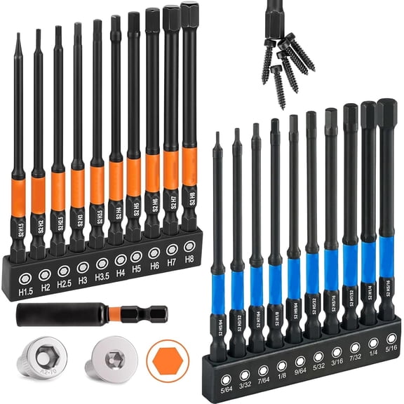FRKSMD-Allen Wrench Drill Bit Set 21pcs Hex Bit SetImpact Driver Bit Set, 1/4" Hex-Shank S2 Steel Hex Bits, Screwdriver Bit Set, CNC Machined Tips with Magnetism, 4" Long Metric&SAE with Storage Box
