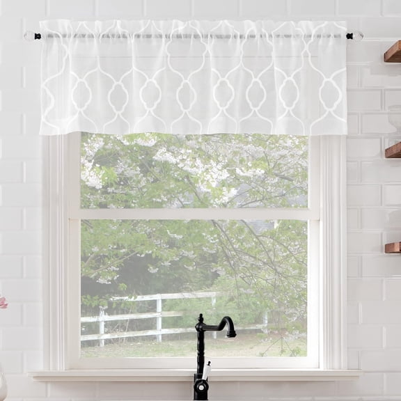 FRKSMD-Allerton Embroidered Trellis Rod Pocket Kitchen Curtain Valance, 52" x 14", White