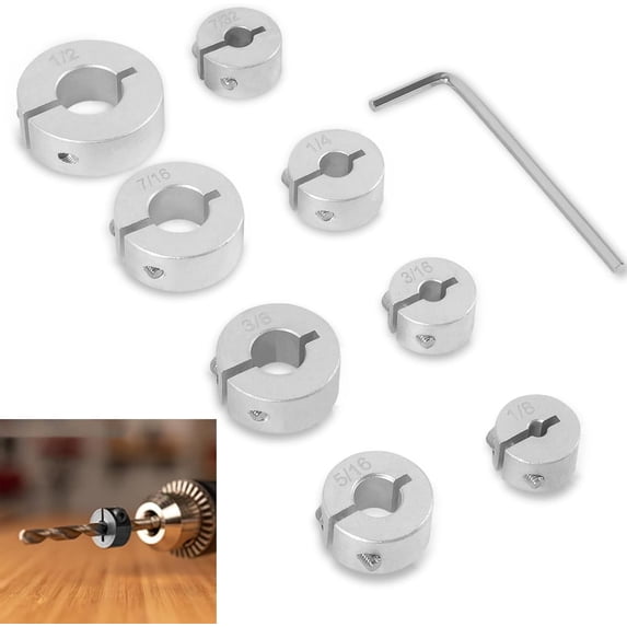 FRKSMD-Aluminum Stop Collar Set Drill Bit Depth Stop Split Ring (1/2", 7/16”, 3/8”, 5/16”,1/4”, 7/32”, 3/16”, 1/8”) W/Included Drill Bit Holder