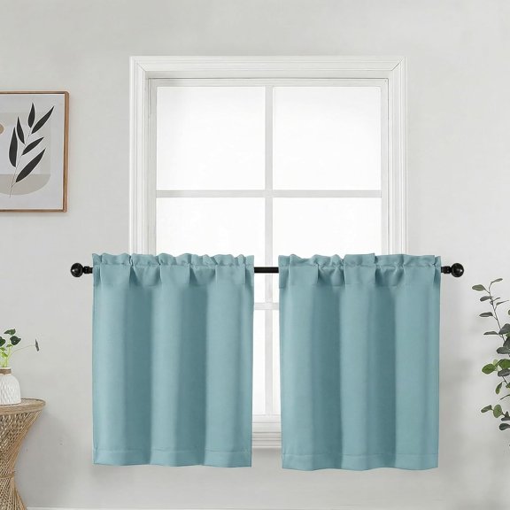 FRKSMD-Aqua Cafe Curtains 24 Inch Length Tier 2 Panels Set, Soft Solid Thermal Insulated Blackout Kitchen Half Curtains for Windows for Bathroom Basement, Aqua, 2PCS Each 30" Wx24 L