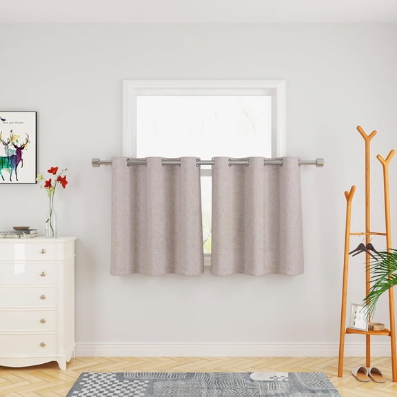 FRKSMD-Beige Tier Curtains over Sink Linen Textured Kitchen Window 24 inches Long Privacy Cabinet Caravan Small Short Cafe Curtains Bathroom Basement Living Room Half Window Mini Curtain 2 Panels Gro