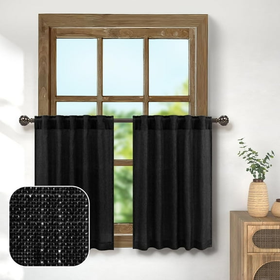 FRKSMD-Black Cafe Curtains 24 Inch Length Kitchen Window Curtains Sets of 2 Pack Back Tab Top Pocket Tier Light Filtering Semi Sheer Short Linen Curtains for Small Windows Bathroom Garage 30 x 24 Lon
