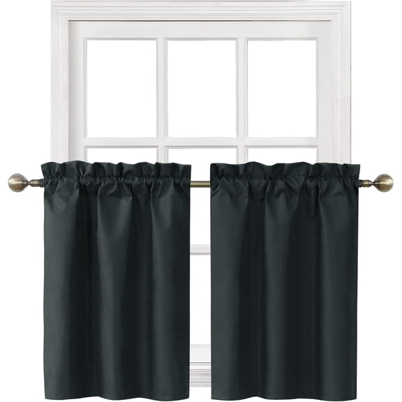 FRKSMD-Blackout Rod Pocket Tier Curtains for Small Window, Short Room Darkening Basement Curtains, Cafe Drapes, 2 Panels, 26 W x 30 L Inch Each, Black