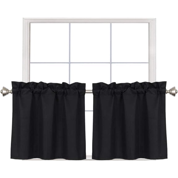FRKSMD-Blackout Rod Pocket Tier Curtains for Small Window, Short Room Darkening Basement Curtains, Cafe Drapes, 2 Panels, 30 W x 24 L Inch Each, Black