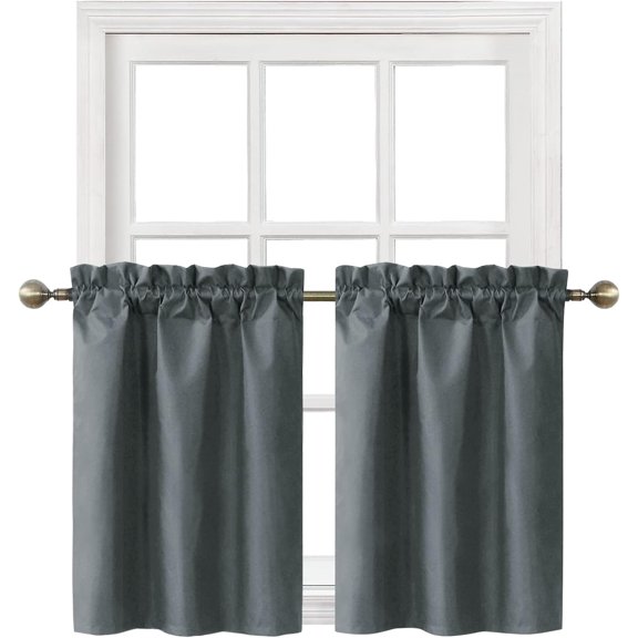 FRKSMD-Blackout Tier Curtains for Bathroom Window, Short Thermal Insulated Basement Curtains Drapes, 26 W X 30 L Inch Each, Charcoal