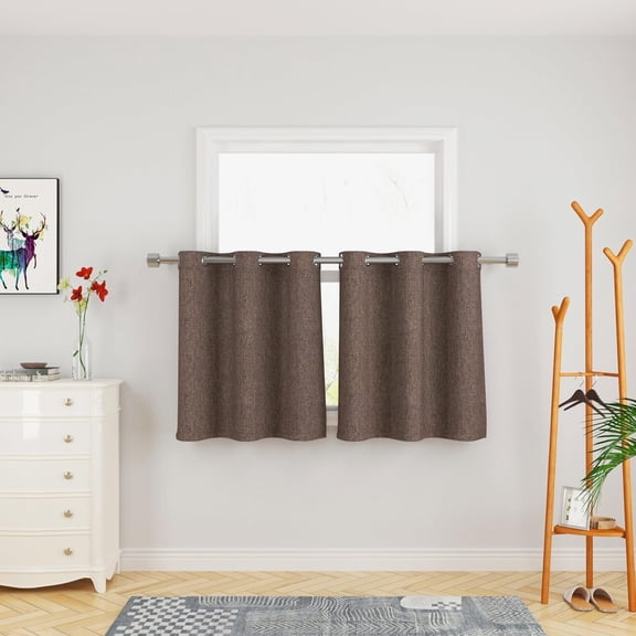 FRKSMD-Brown Cafe Curtains Privacy Kitchen Tier Curtains Over Sink Linen Textured 30 inch Length Mini Short Cabinet Caravan Bathroom Small Basement Half Window Curtain 2 Panels Grommet Top