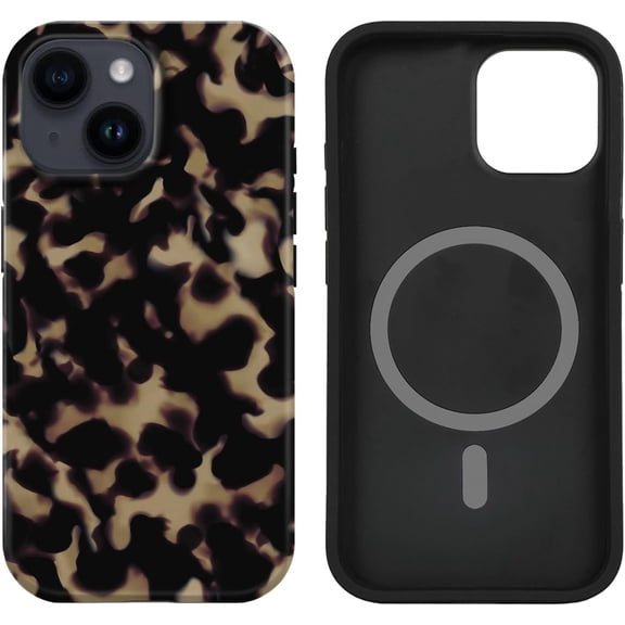 FRKSMD-Case Compatible with iPhone 14 15- Hybrid 2-Layer Hard Shell + Silicone Protective Case -Compatible with MagSafe Scratch-Resistant Shockproof Cover 6.1" (Tortoise Shell)