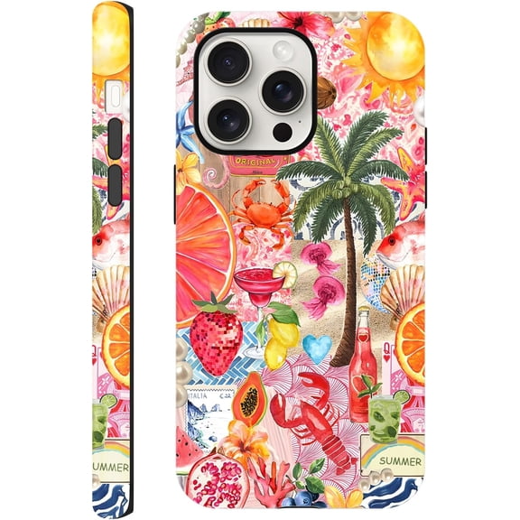 FRKSMD-Case Compatible with iPhone 15 Pro 6.1", Summer Beach Collage Fruit Seafood Phone Case Aesthetic Art Cover, Protective Scratch Resistant Hybrid 2-Layer Hard Shell for Girl Women Men