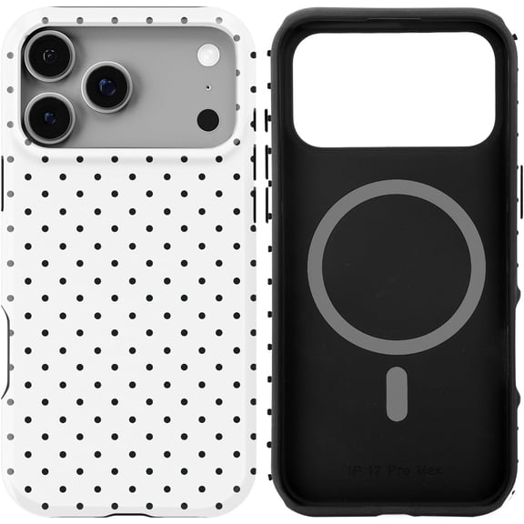 FRKSMD-Case Compatible with iPhone 17 Pro Max- Hybrid 2-Layer Hard Shell + Silicone Protective Case -Compatible with MagSafe Scratch-Resistant Shockproof Cover 6.9" (White Polka Dot)